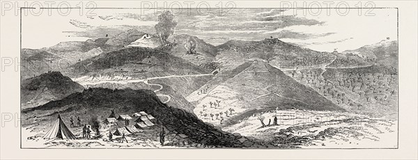 THE CIVIL WAR IN SPAIN: VIEW OF THE LEFT-HAND POSITIONS OF THE CARLIST LINES: SKETCHED FROM THE BATTERY OF SAN LORENZO, 1874