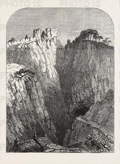 THE PEAK OF DERBYSHIRE: PEVERIL CASTLE, AND ENTRANCE TO THE PEAK CAVERN, 1854