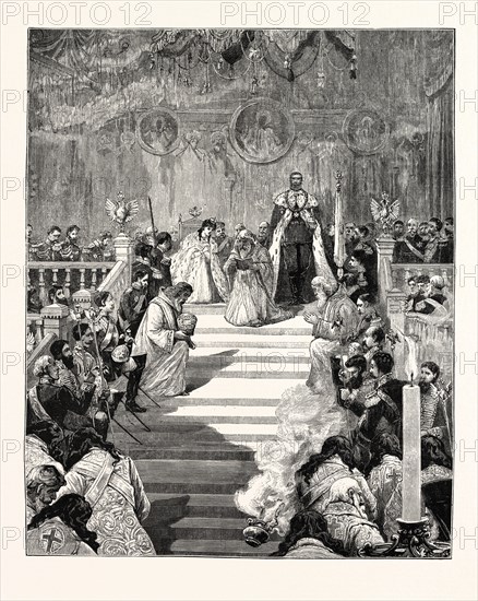 THE IMPERIAL CORONATION AT MOSCOW: PRAYER FOR THE EMPEROR AND EMPRESS IN THE CATHEDRAL OF THE ASSUMPTION. 1883