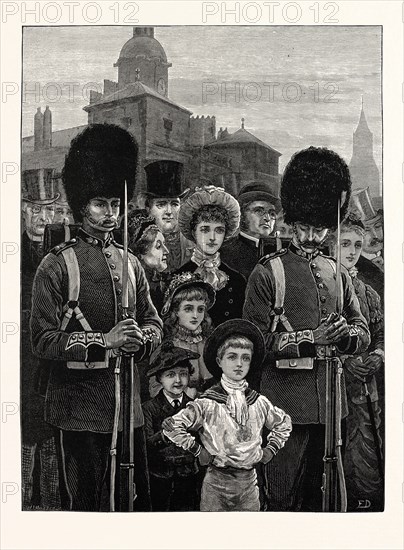 THE QUEEN'S BIRTHDAY: A SKETCH ON THE HORSE GUARDS PARADE, UK, 1883