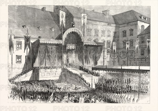 THE CORONATION OF THE KING AND QUEEN OF PRUSSIA: THE PROCLAMATION IN THE COURTYARD OF THE SCHLOSS, KONIGSBERG, 1861
