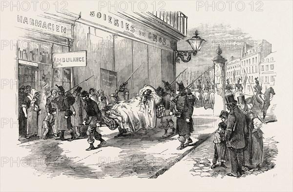 THE REVOLUTION IN FRANCE: TAKING THE WOUNDED TO THE AMBULANCE, 1851