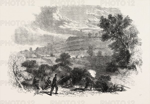 THE CIVIL WAR IN AMERICA: MUNSON'S HILL. WITH THE EARTHWORK THROWN UP BY THE CONFEDERATES IN FRONT OF THE UNION LINES, VIRGINIA. UNITED STATES OF AMERICA, 1861