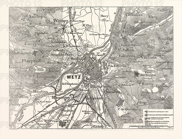 Franco-Prussian War: Plan of the fortress of Metz and environment, France