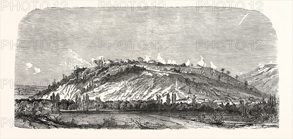 Franco-Prussian War: The north side of Mont d'Avron during the bombardment by the Germans on 27 December 1870. From left to right: Noisy le Grand, Avron, Villemomble, Fort de Rosny, France