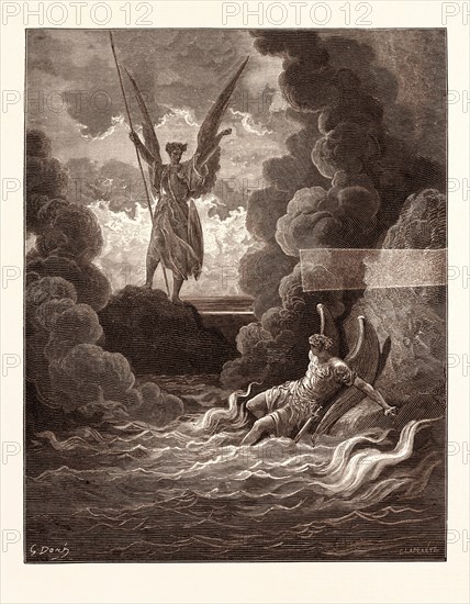 SATAN AND BEELZEBUB, BY Gustave Doré. Dore, 1832 - 1883, French. Engraving for Paradise Lost by Milton. romanticism, colour, color engraving