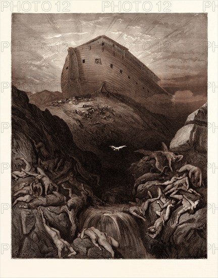 THE DOVE SENT FORTH FROM THE ARK, BY Gustave Doré. Dore, 1832 - 1883, French. Engraving for the Bible. 1870, Art, Artist, holy book, religion, religious, christianity, christian. romanticism, colour, color engraving