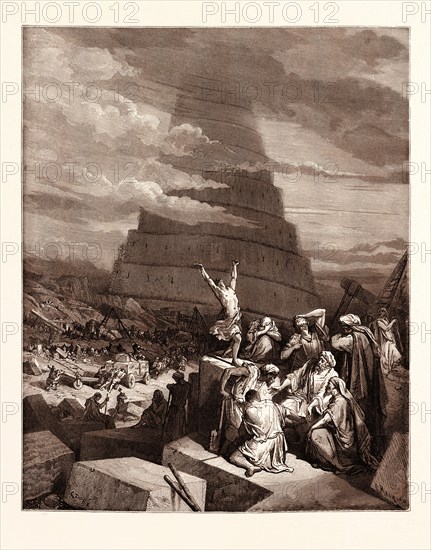 THE CONFUSION OF TONGUES, BY Gustave Doré.  Dore, 1832 - 1883, French. Engraving for the Bible. 1870, Art, Artist, holy book, religion, religious, christianity, christian. romanticism, colour, color engraving