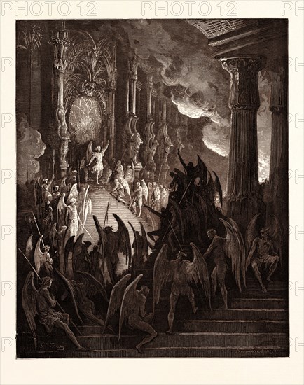 SATAN IN COUNCIL, BY Gustave Doré. Dore, 1832 - 1883, French. Engraving for Paradise Lost by Milton. 1870, Art, Artist, romanticism, colour, color engraving