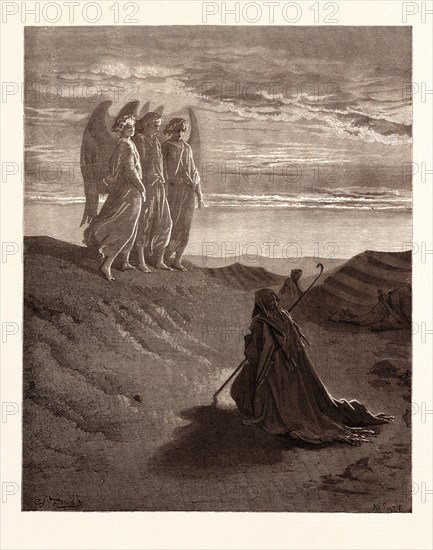 ABRAHAM AND THE THREE ANGELS, BY Gustave Doré. Dore, 1832 - 1883, French. Engraving for the Bible. 1870, Art, Artist, holy book, religion, religious, christianity, christian. romanticism, colour, color engraving