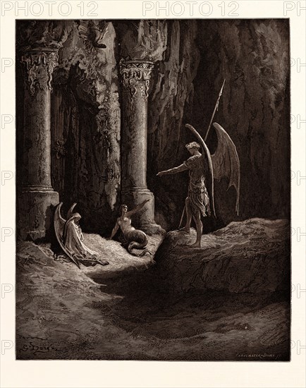 SATAN AT THE GATES OF HELL, BY Gustave Doré.  Dore, 1832 - 1883, French. Engraving for Paradise Lost by Milton. 1870, Art, Artist. Wood engraving by Pannemaker and Doms after Gustave Dore, with signatures in the print. romanticism, colour, color engraving