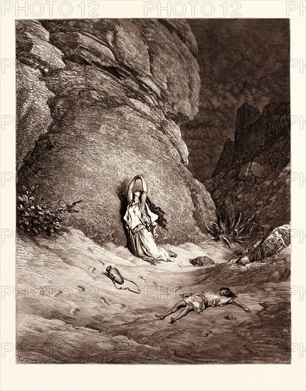 HAGAR AND ISHMAEL IN THE DESERT, BY Gustave Doré. Dore, 1832 - 1883, French. Engraving for the Bible. 1870, Art, Artist, holy book, religion, religious, christianity, christian, romanticism, colour, color engraving