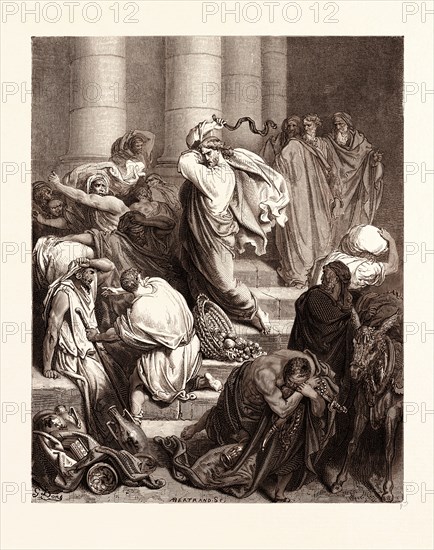 THE BUYERS AND SELLERS DRIVEN OUT OF THE TEMPLE, BY GUSTAVE DORE, 1832 - 1883, French. Engraving for the Bible. 1870, Art, Artist, holy book, religion, religious, christianity, christian. Wood engraving by Antoine Valerie Bertrand after Gustave Dore, with signatures in the print. romanticism, colour, color engraving