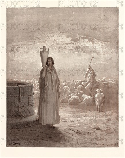 JACOB KILLING LABAN'S FLOCKS, BY Gustave Doré.  Dore, 1832 - 1883, French. Engraving for the Bible. 1870, Art, Artist, holy book, religion, religious, christianity, christian. Wood engraving by Pannemaker and Doms after Gustave Dore, with signatures in the print, 1870, romanticism, colour, color engraving