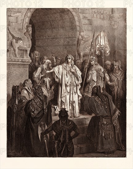 THE QUEEN VASHTI REFUSING TO OBEY THE COMMAND OF AHASUERUS, BY Gustave Doré. Gustave Dore, 1832 - 1883, French. Engraving for the Bible. 1870, Art, Artist, holy book, religion, religious, christianity, christian, romanticism, colour, color engraving.