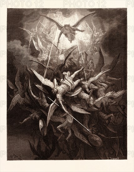 THE FALL OF THE REBEL ANGELS, BY Gustave Doré. Gustave Dore, 1832 - 1883, French. Engraving for Paradise Lost by Milton. 1870, Art, Artist, romanticism, colour, color engraving