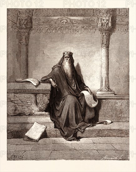 SOLOMON, BY Gustave Doré. Gustave Dore, 1832 - 1883, French. Engraving for the Bible. Wood engraving by Adolphe Gusmand after Gustave Dore, with signatures in the print. 1870, Art, Artist, holy book, religion, religious, christianity, christian, romanticism, colour, color engraving