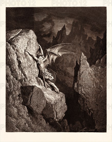 SATAN'S FLIGHT THROUGH CHAOS, BY Gustave Doré. Gustave Dore, 1832 - 1883, French. Engraving for Paradise Lost by Milton. Wood engraving by Adolphe Gusmand after Gustave Dore, with signatures in the print. 1870, romanticism, colour, color engraving