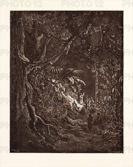 THE HERMIT PREACHING IN THE WOODS, BY GUSTAVE DORE. Gustave Dore, 1832 - 1883, French. Engraving for Atala by Chateaubriand. Wood engraving by Hildibrand after Gustave Dore, with signatures in the print. romanticism, colour, color engraving