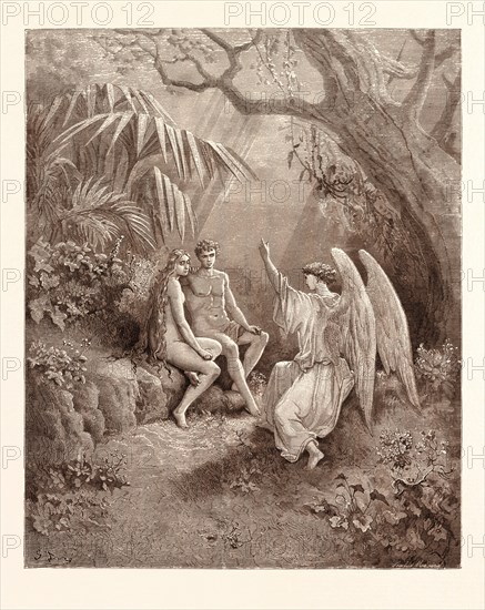 THE CONFERENCE WITH THE ANGEL RAPHAEL, BY Gustave Doré. Gustave Dore, 1832 - 1883, French. Engraving for Paradise Lost by Milton. 1870, Art, Artist, romanticism, colour, color engraving