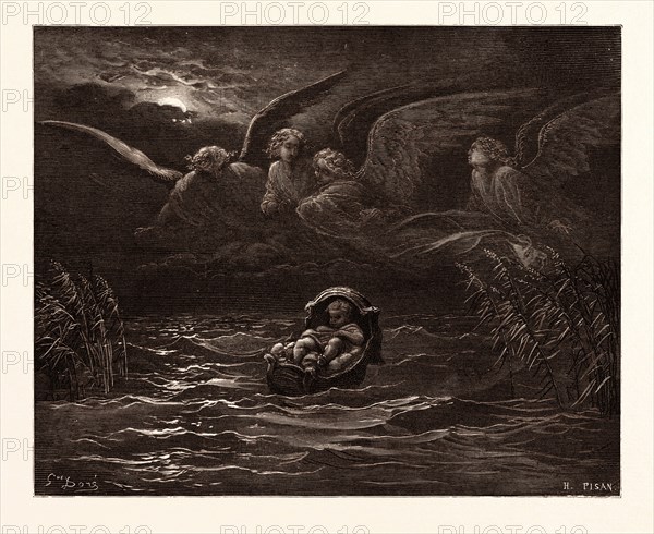 THE CHILD MOSES ON THE NILE, BY Gustave Doré. Gustave Dore, 1832 - 1883, French. Engraving for the Bible. 1870, Art, Artist, holy book, religion, religious, christianity, christian. Wood engraving by Heliodore Joseph Pisan after Gustave Dore, with signatures in the print. romanticism, colour, color engraving