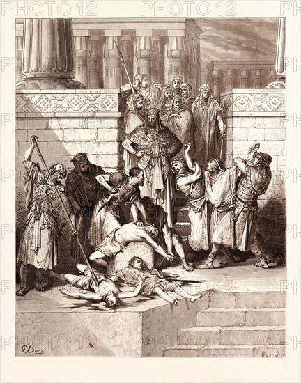 THE SLAUGHTER OF THE SONS OF ZEDEKIAH, BY Gustave Doré. Gustave Dore, 1832 - 1883, French. Engraving for the Bible. 1870, Art, Artist, holy book, religion, religious, christianity, christian, romanticism, colour, color engraving