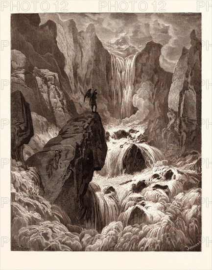 TIGRIS, AT THE FOOT OF PARADISE, BY Gustave Doré. Dore, 1832 - 1883, French. Engraving for Paradise Lost by Milton. 1870, Art, Artist, romanticism, colour, color engraving.
