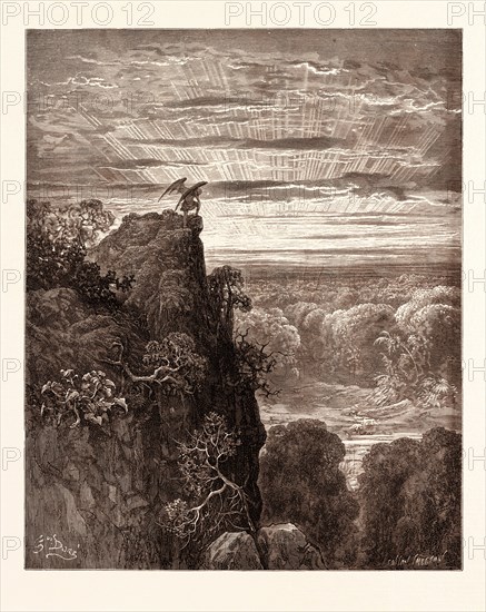 SATAN OVERLOOKING PARADISE, BY Gustave Doré. Dore, 1832 - 1883, French. Engraving for Paradise Lost by Milton. 1870, Art, Artist, romanticism, colour, color engraving.