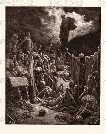 THE VISION OF THE VALLEY OF DRY BONES, EZEKIEL BY Gustave Doré. Dore, 1832 - 1883, French. 1870, Art, Artist, romanticism, colour, color engraving, becoming alive, bone, dead, death, ezechiel, metamorphosis, prophet, prophetic, resurrection, romantic, skeleton, vision