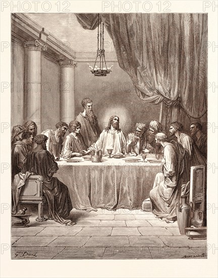THE LAST SUPPER, BY Gustave Doré. Dore, 1832 - 1883, French. Engraving for the Bible. 1870, Art, Artist, holy book, religion, religious, christianity, christian, romanticism, colour, color engraving.