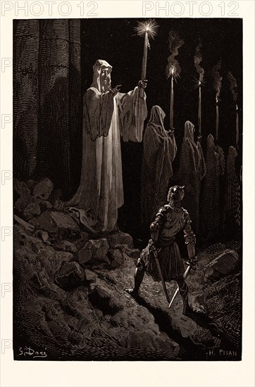 THE CORPSE CANDLES, BY Gustave Doré. a scene from the Legend of Croquemitaine, by Thomas Hood the Younger. Dore, 1832 - 1883, French, 1870, Art, Artist, romanticism, colour, color engraving.