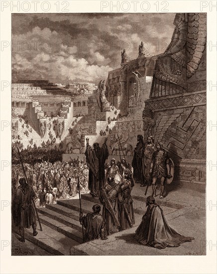 ARTAXERXES GRANTING LIBERTY TO THE JEWS, BY Gustave Doré. Dore, 1832 - 1883, French. Engraving for the Bible. 1870, Art, Artist, holy book, religion, religious, christianity, christian, romanticism, colour, color engraving.