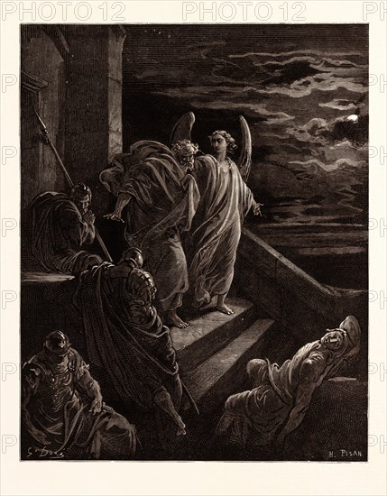 SAINT PETER DELIVERED FROM PRISON, BY Gustave Doré. Dore, 1832 - 1883, French. Engraving for the Bible. 1870, Art, Artist, holy book, religion, religious, christianity, christian, romanticism, colour, color engraving.