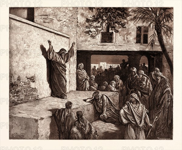 MICAH EXHORTING THE ISRAELITES, BY Gustave Doré. Dore, 1832 - 1883, French. Engraving for the Bible. 1870, Art, Artist, holy book, religion, religious, christianity, christian, romanticism, colour, color engraving.