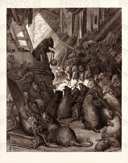 THE COUNCIL HELD BY THE RATS, BY Gustave Doré. Dore, 1832 - 1883, French. Engraving for Fables by Jean de la Fontaine, engraved by Antoine Valerie Bertrand, French, born 1823, Art, Artist, romanticism, colour, color engraving.