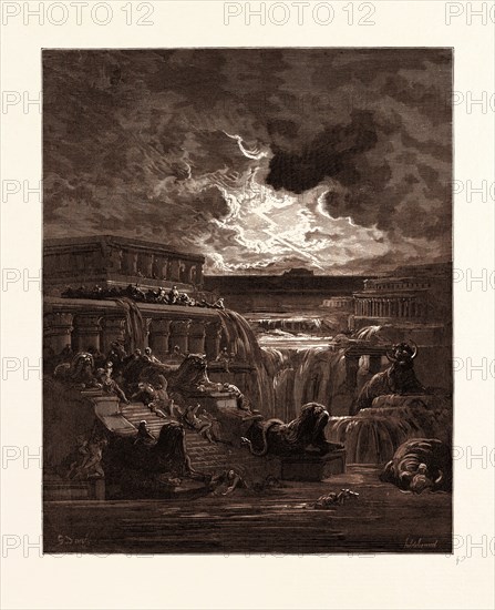 THE RISING OF THE WATERS, BY GUSTAVE DORE, 1832 - 1883, French. Engraving for Paradise Lost by Milton. 1870, Art, Artist, romanticism, colour, color engraving.