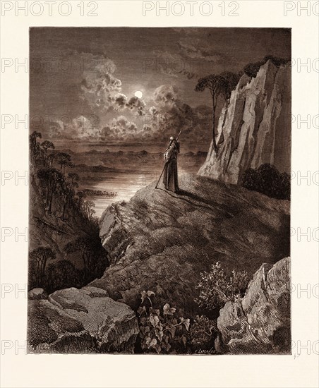 THE HERMIT ON THE MOUNTAIN, BY GUSTAVE DORE,  1832 - 1883, French. Engraving for Atala by Chateaubriand. 1870, Art, Artist, romanticism, colour, color engraving.