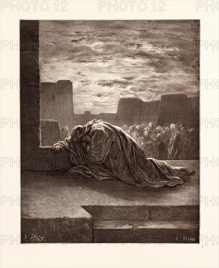 EZRA IN PRAYER, BY GUSTAVE DORE, 1832 - 1883, French. Engraving for the Bible. 1870, Art, Artist, holy book, religion, religious, christianity, christian, romanticism, colour, color engraving.