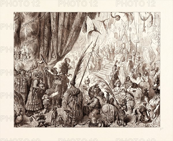 THE COURT OF THE KING OF SERENDIB, BY GUSTAVE DORE, 1832 - 1883, French. Engraving for the Persian fairy tale the legend of Sinbad the Sailor. c. 1870, Art, Artist, romanticism, colour, color engraving. Serendib being modern day Sri Lanka.