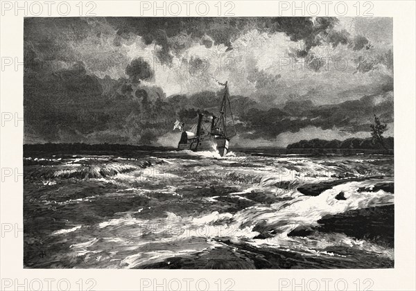 RUNNING THE LACHINE RAPIDS, CANADA, NINETEENTH CENTURY ENGRAVING