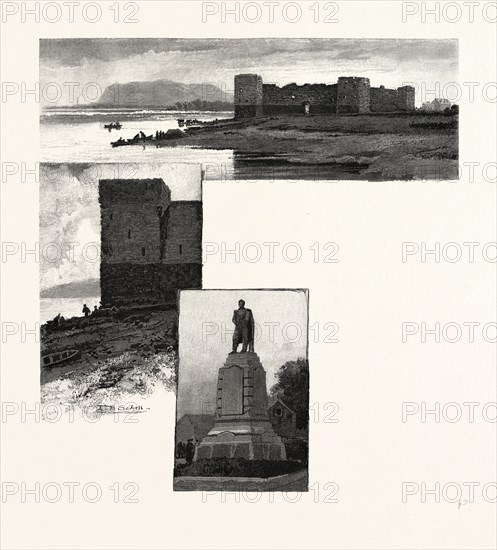 ,SOUTH EASTERN QUEBEC, CHAMBLY, THE OLD FORT, AND CHAMBLY RAPIDS (TOP); BASTION OF FORT (CENTRE); MONUMENT TO DE SALABERRY, CANADA, NINETEENTH CENTURY ENGRAVING