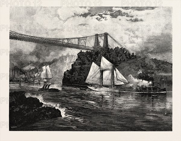 NEW BRUNSWICK, SUSPENSION BRIDGE, ST. JOHN, AT LOW TIDE, CANADA, NINETEENTH CENTURY ENGRAVING