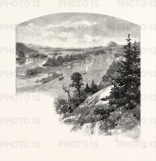 NEW BRUNSWICK, RESTIGOUCHE RIVER, FROM PROSPECT HILL, CANADA, NINETEENTH CENTURY ENGRAVING