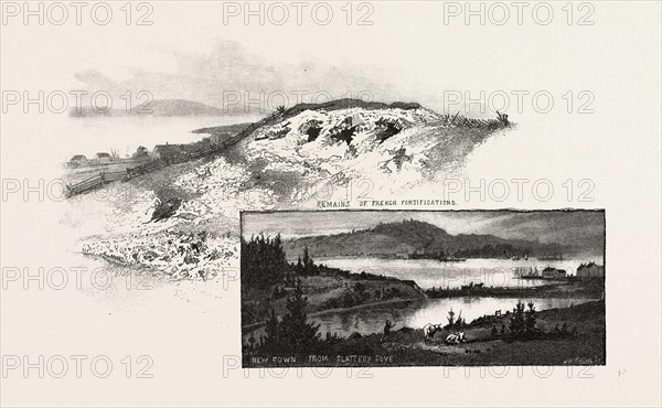 NOVA SCOTIA, LOUISBURG: REMAINS OF FRENCH FORTIFICATIONS (TOP); NEW TOWN FROM SLATTERY COVE (BOTTOM), CANADA, NINETEENTH CENTURY ENGRAVING