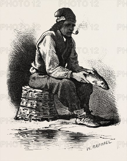 FRENCH CANADIAN LIFE, HALF-BREED FISHERMAN, CANADA, NINETEENTH CENTURY ENGRAVING