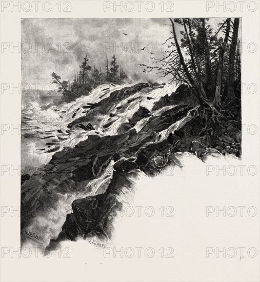 THE UPPER OTTAWA, THE CHATS FALLS, CANADA, NINETEENTH CENTURY ENGRAVING