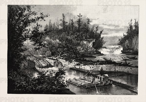 TIMBER SLIDE AT THE CALUMET FALLS, CANADA, NINETEENTH CENTURY ENGRAVING