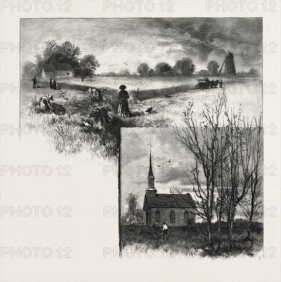 MANITOBA: A HALF-BREED FARM (TOP), KILDONAN CHURCH (BOTTOM), CANADA, NINETEENTH CENTURY ENGRAVING