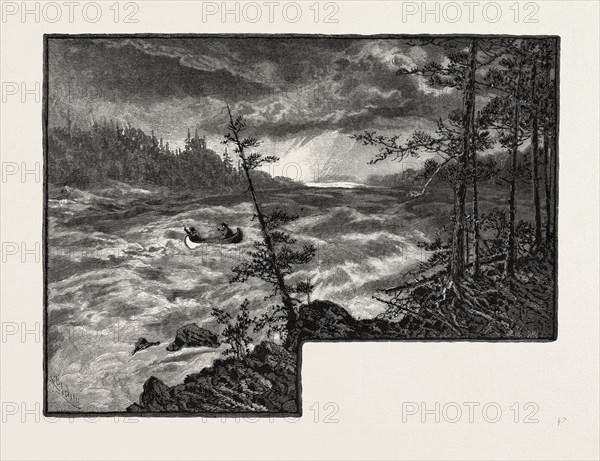 RAPIDS AT MOUTH OF SASKATCHEWAN, CANADA, NINETEENTH CENTURY ENGRAVING