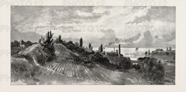 MOUTH OF THE RIVER, FROM RAMPARTS OF OLD FORT GEORGE. Fort Niagara, on the American shore, opposite, CANADA, NINETEENTH CENTURY ENGRAVING